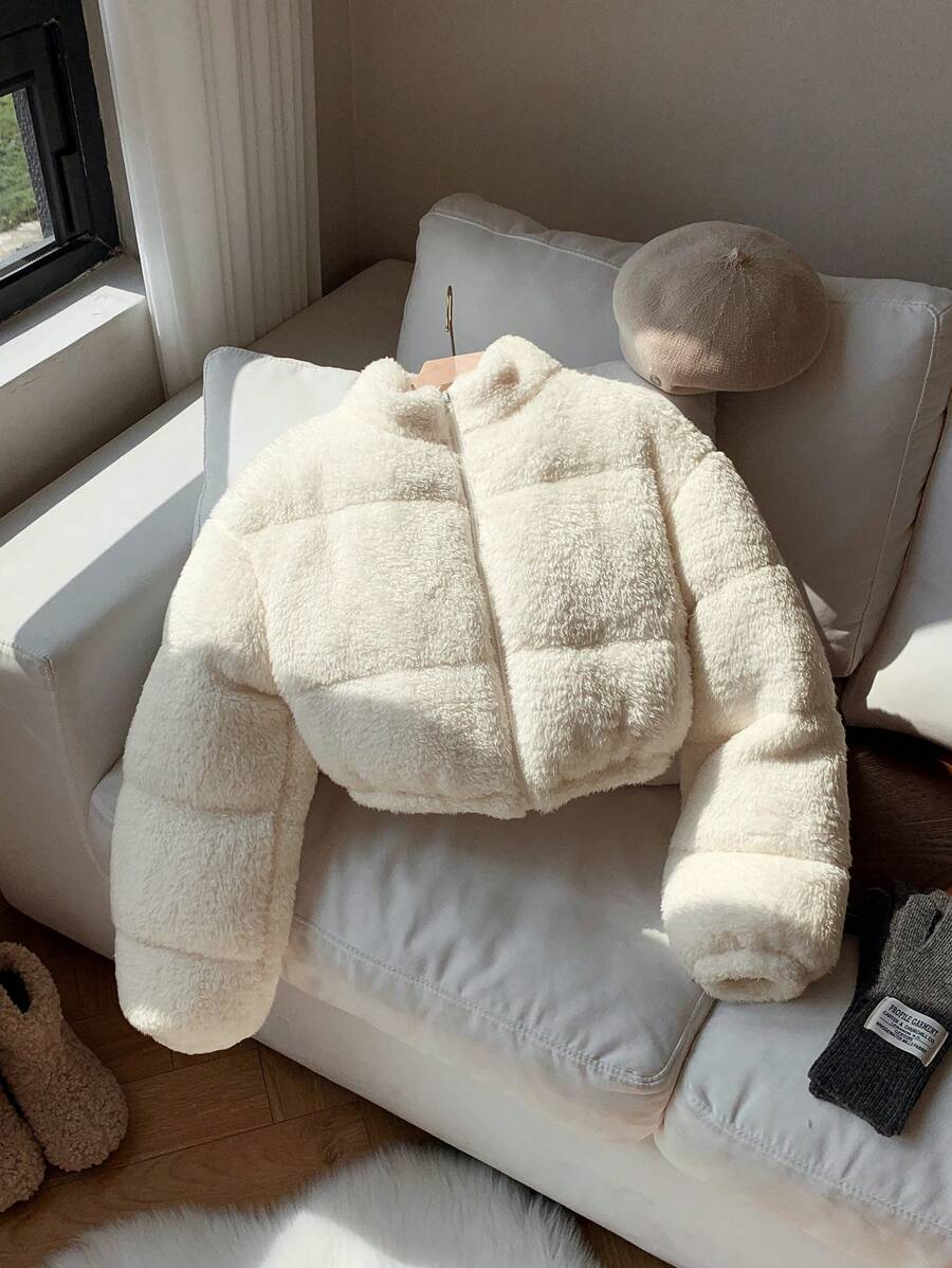 Comfortcana Veste courte matelassée en fausse peau de mouton de couleur unie décontractée pour femme, hiver