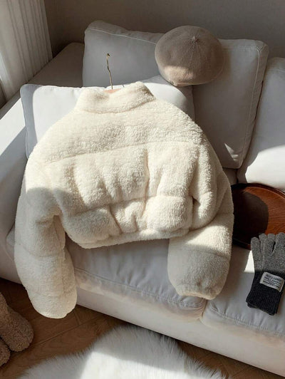 Comfortcana Veste courte matelassée en fausse peau de mouton de couleur unie décontractée pour femme, hiver
