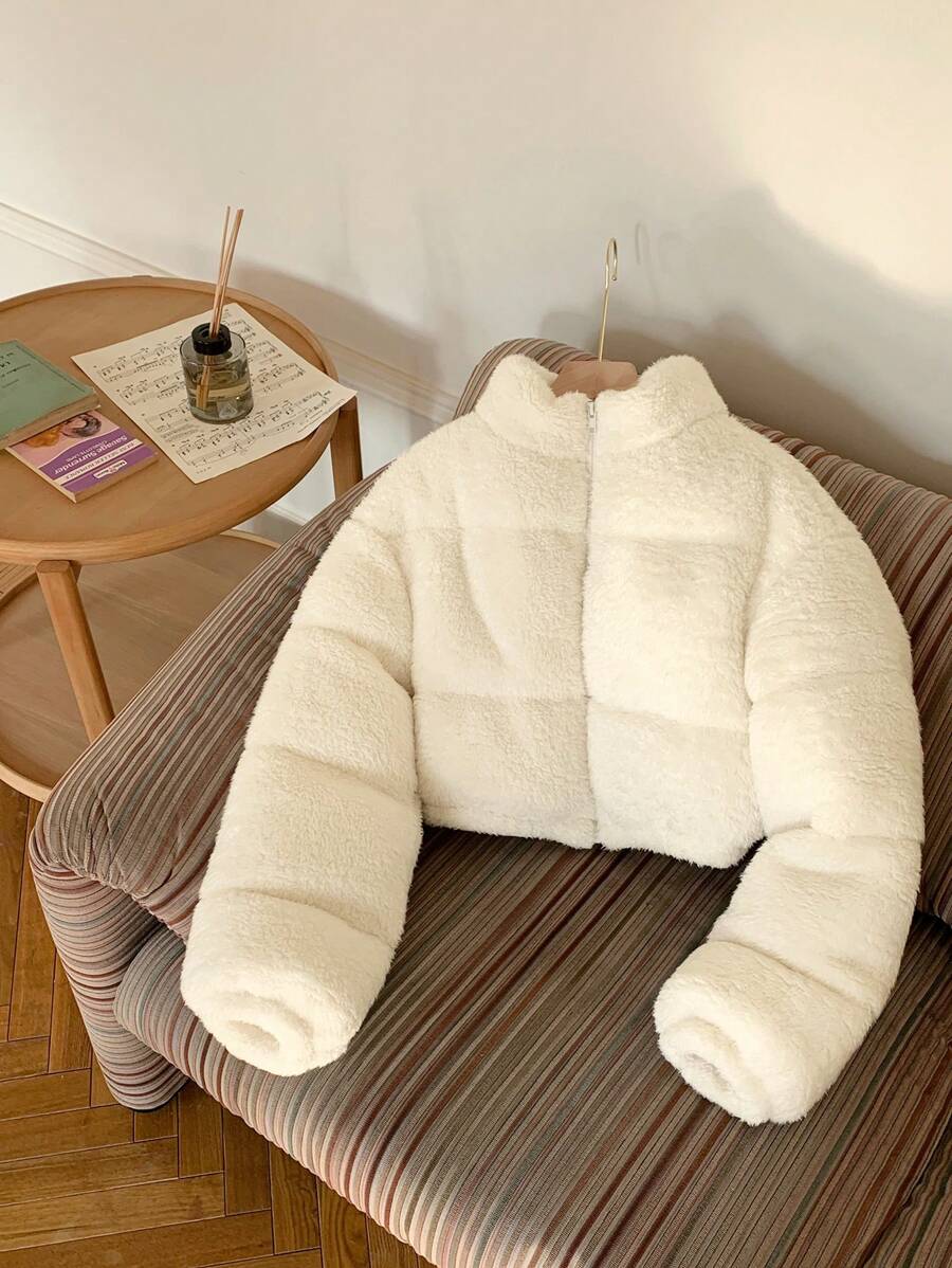 Comfortcana Veste courte matelassée en fausse peau de mouton de couleur unie décontractée pour femme, hiver