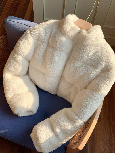 Comfortcana Veste courte matelassée en fausse peau de mouton de couleur unie décontractée pour femme, hiver