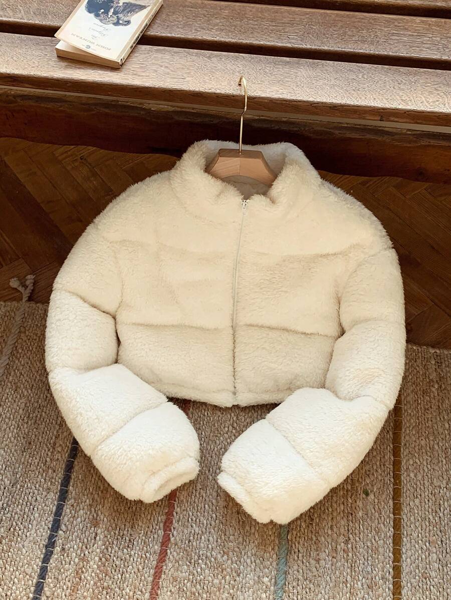Comfortcana Veste courte matelassée en fausse peau de mouton de couleur unie décontractée pour femme, hiver