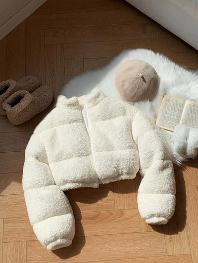 Comfortcana Veste courte matelassée en fausse peau de mouton de couleur unie décontractée pour femme, hiver