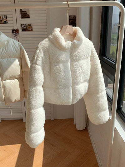Comfortcana Veste courte matelassée en fausse peau de mouton de couleur unie décontractée pour femme, hiver