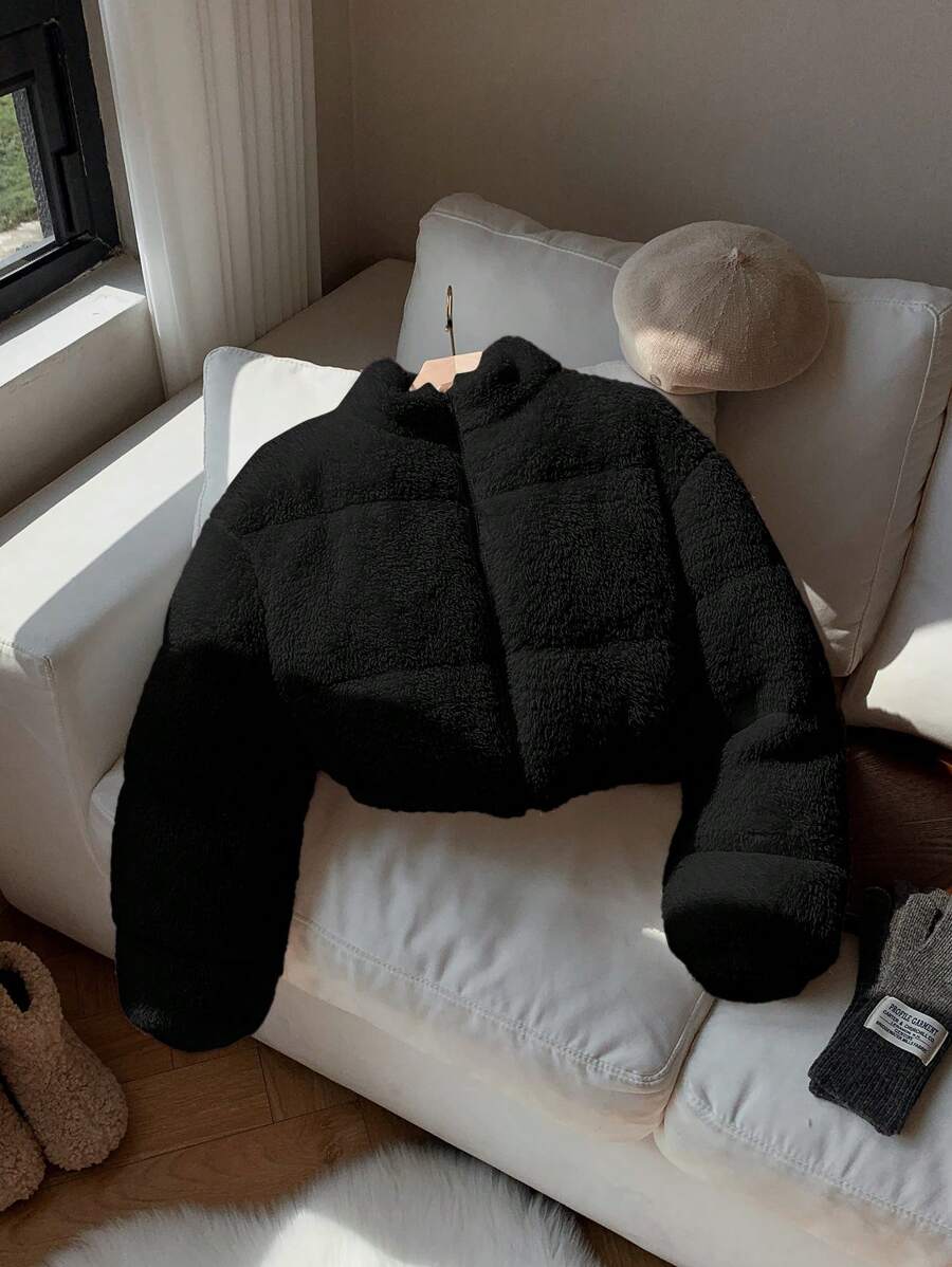 Comfortcana Veste courte matelassée en fausse peau de mouton de couleur unie décontractée pour femme, hiver