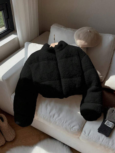 Comfortcana Veste courte matelassée en fausse peau de mouton de couleur unie décontractée pour femme, hiver