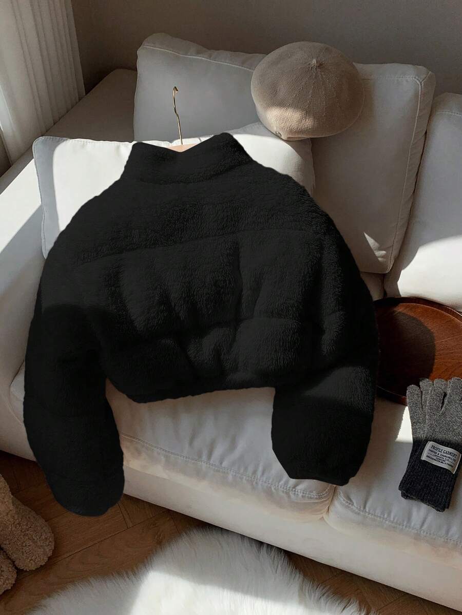 Comfortcana Veste courte matelassée en fausse peau de mouton de couleur unie décontractée pour femme, hiver