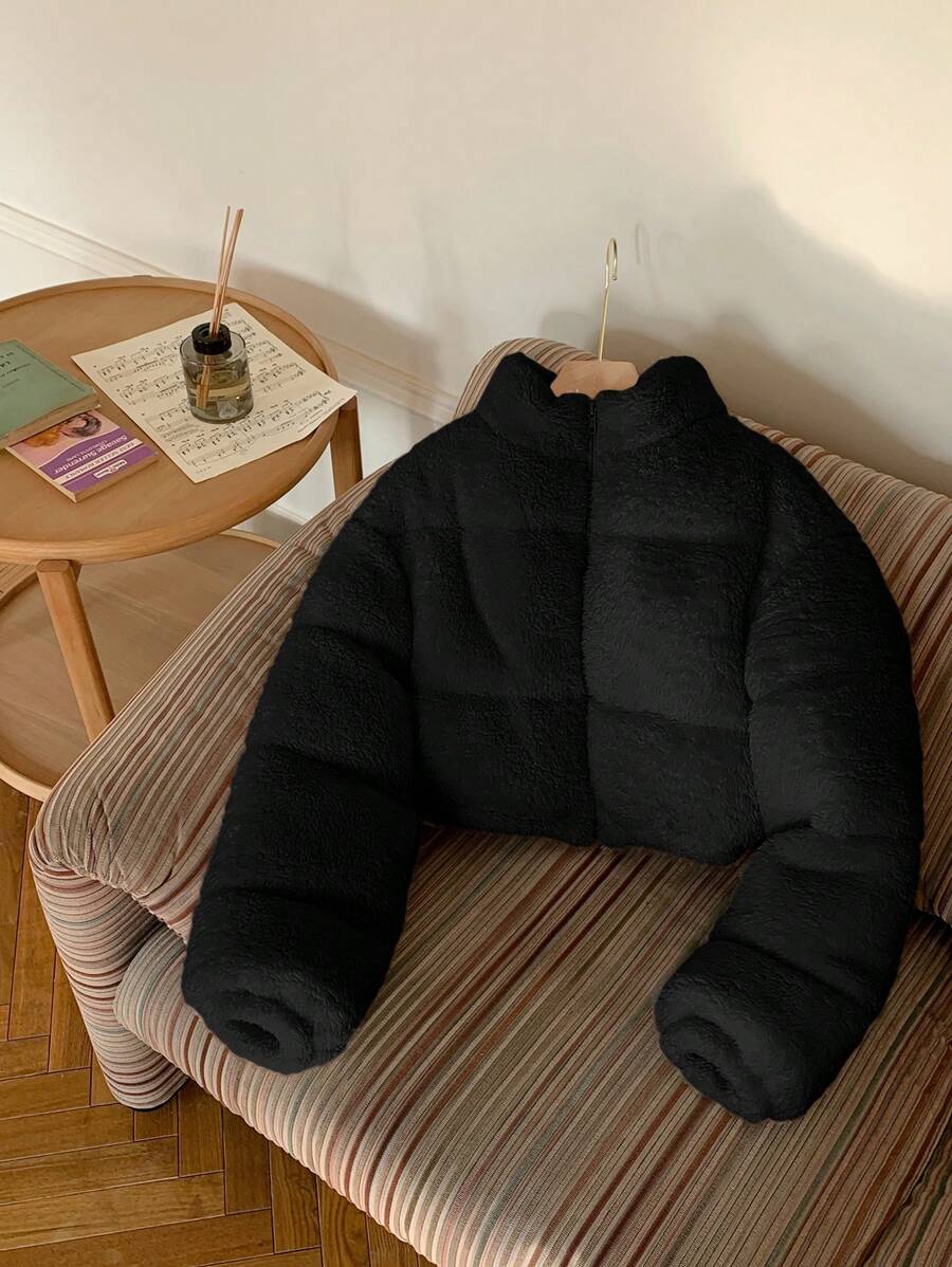 Comfortcana Veste courte matelassée en fausse peau de mouton de couleur unie décontractée pour femme, hiver