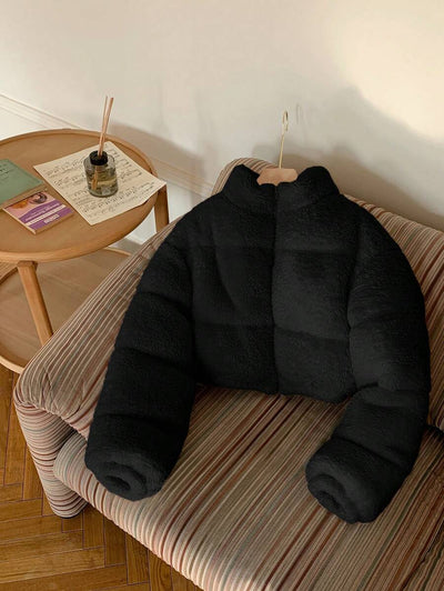 Comfortcana Veste courte matelassée en fausse peau de mouton de couleur unie décontractée pour femme, hiver