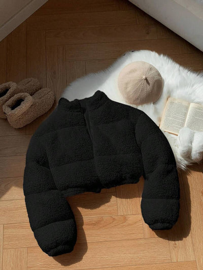 Comfortcana Veste courte matelassée en fausse peau de mouton de couleur unie décontractée pour femme, hiver