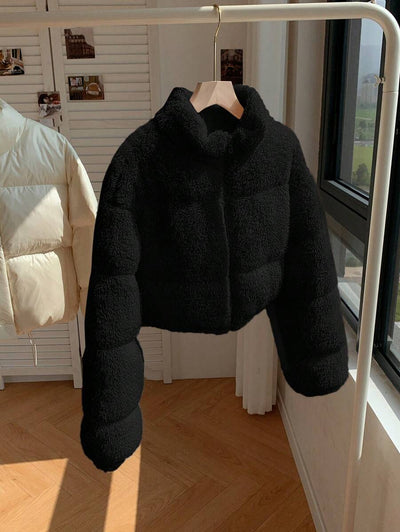 Comfortcana Veste courte matelassée en fausse peau de mouton de couleur unie décontractée pour femme, hiver
