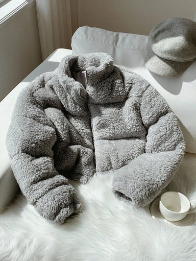 Comfortcana Veste courte matelassée en fausse peau de mouton de couleur unie décontractée pour femme, hiver