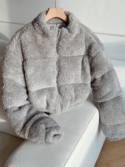 Comfortcana Veste courte matelassée en fausse peau de mouton de couleur unie décontractée pour femme, hiver