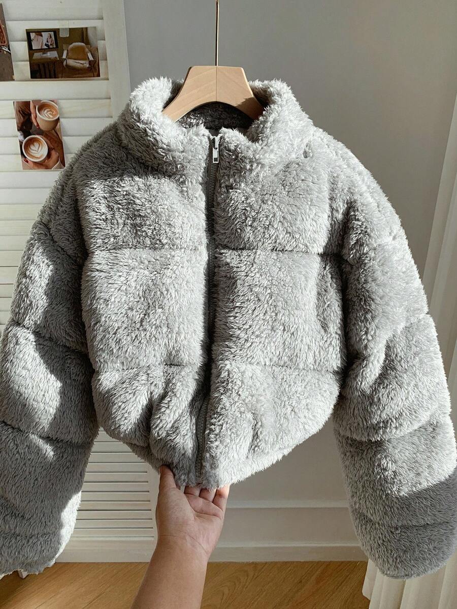 Comfortcana Veste courte matelassée en fausse peau de mouton de couleur unie décontractée pour femme, hiver